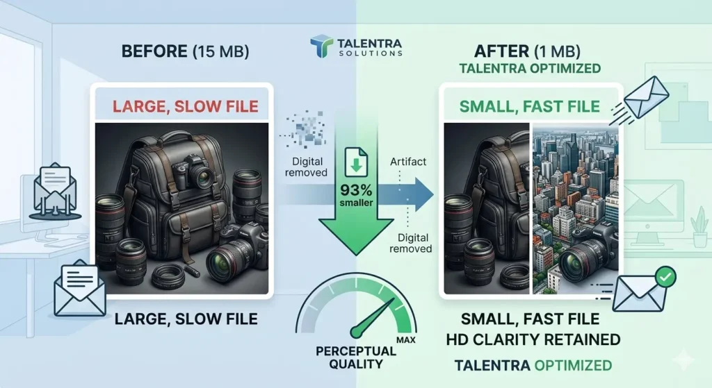 Side-by-side comparison: original 15MB JPEG vs Talentra compressed 1MB JPEG without quality loss for email.